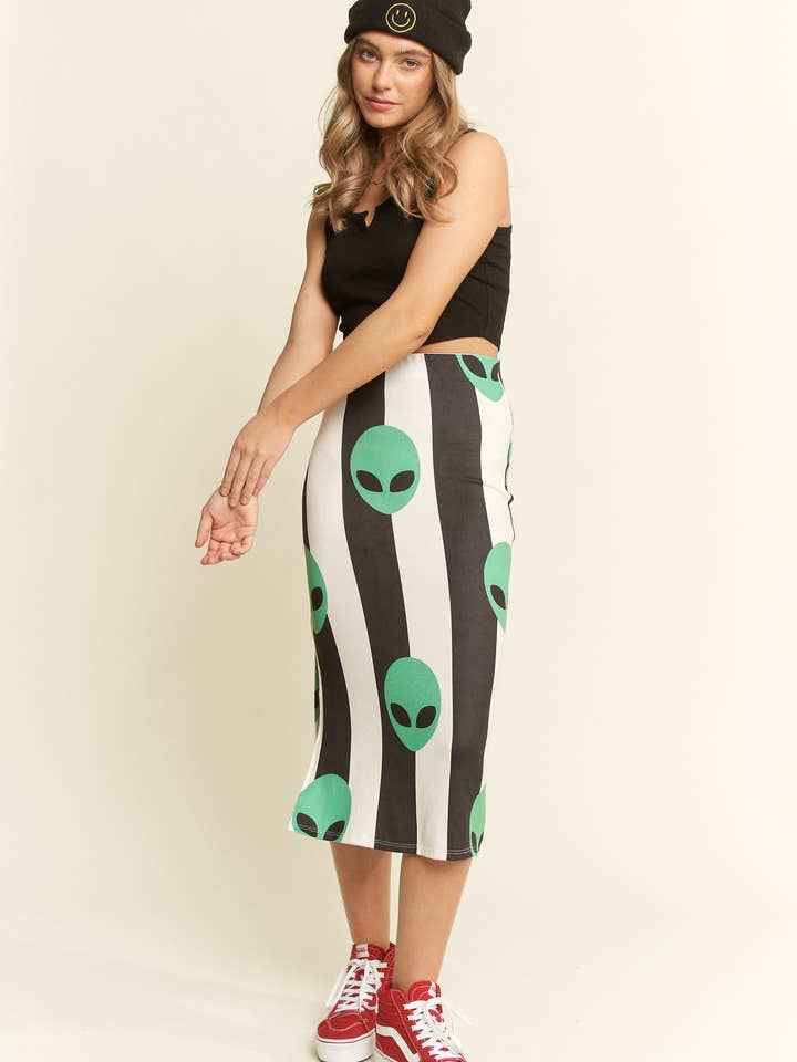 Black ALIEN PRINT HIGH WAIST MIDI SKIRT for wholesale on Faire
