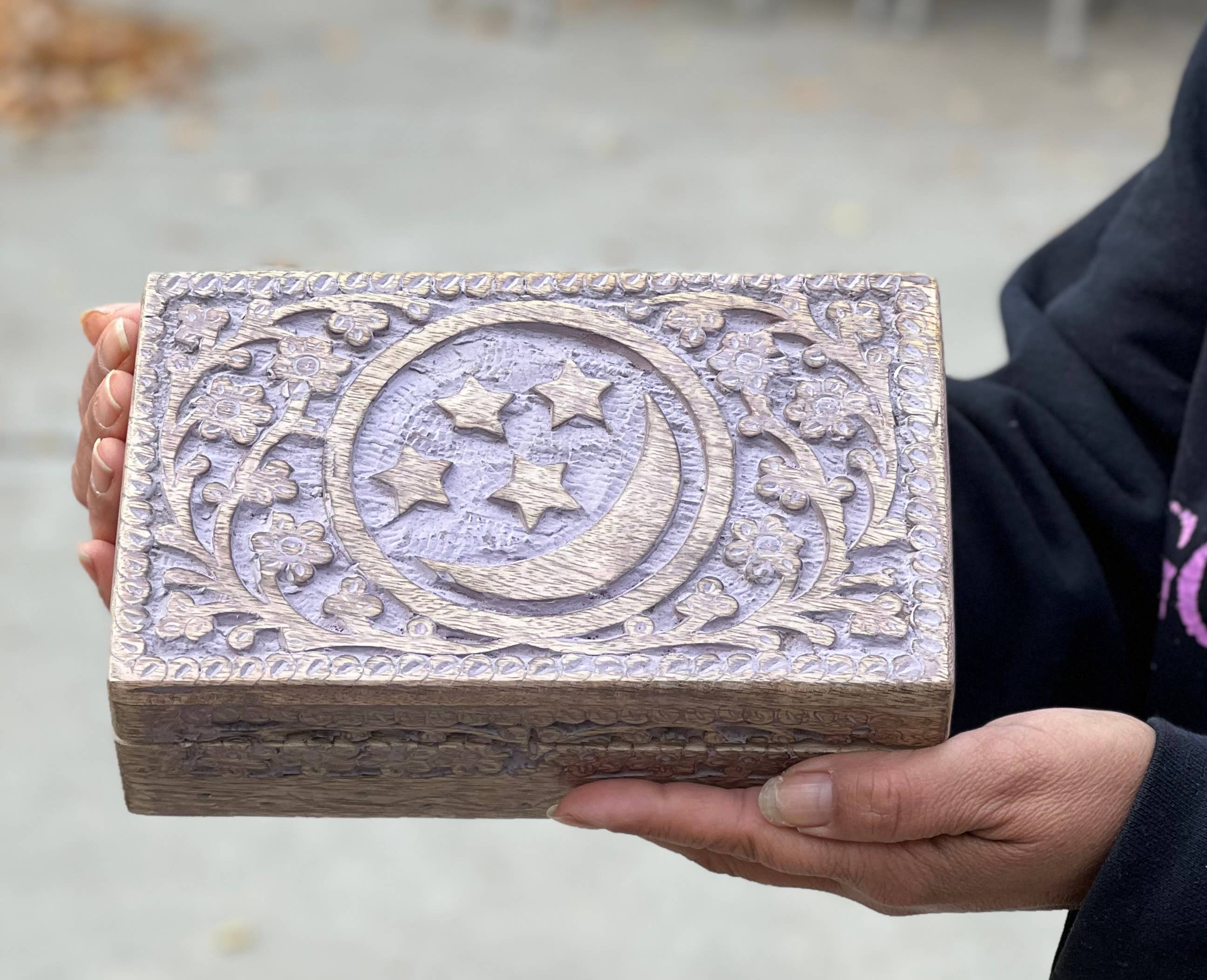 Lungta Imports - Wholesale Decorative Box - Celestial Moon and Stars Hand Carved Wooden Box Storage14