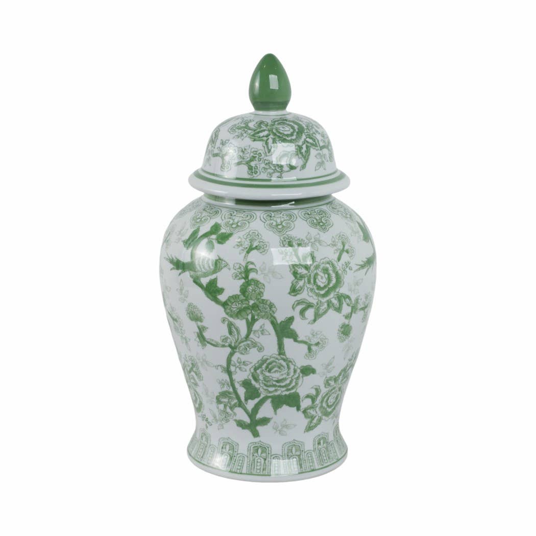 Sagebrook Home - Wholesale Decorative Jar - Ceramic Bird Flower Decorative Temple Jar - Green, 18 in.3