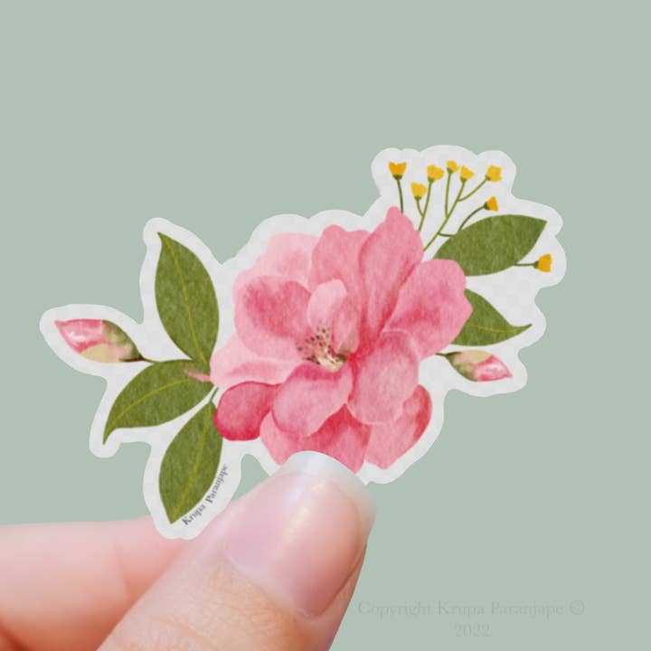 Camellia flower clear vinyl die cut stickers for wholesale by Krupa Paranjape