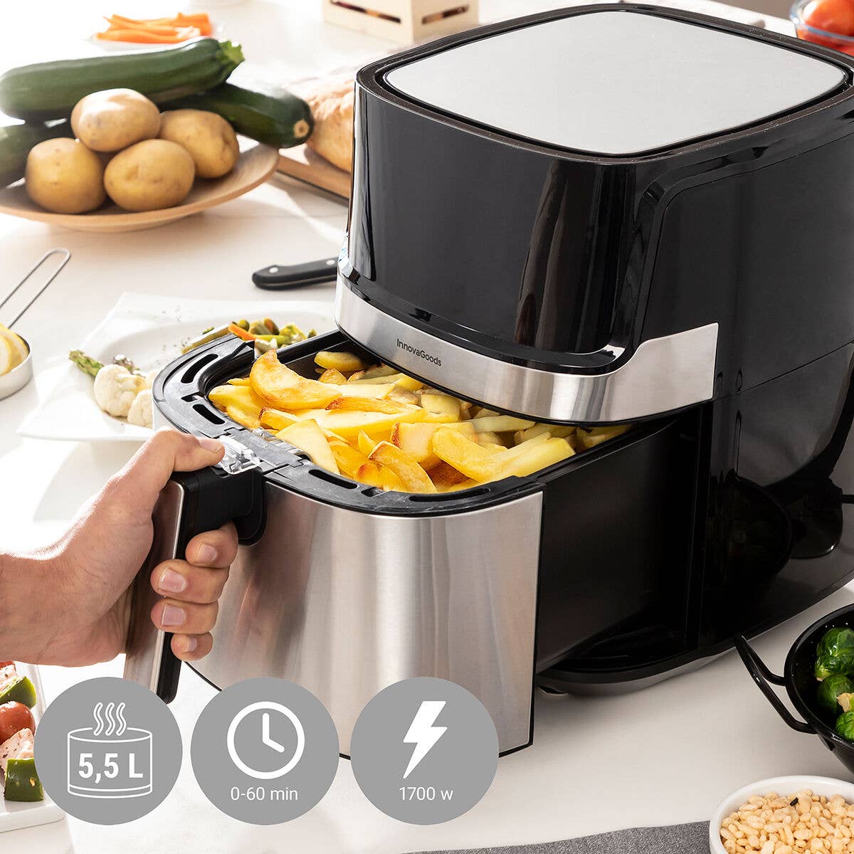 InnovaGoods - Vendita all'ingrosso Elettrodomestici da cucina - InnovaGoods Fryinn Pro 5500 friggitrice ad aria senza olio in acciaio inox nero 1700 W 5,5 L3