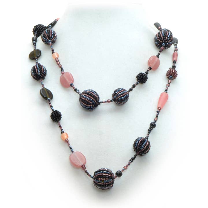 Collar con forma de bola a rayas de 48 pulgadas con forma de semilla en amatista negra para venta al por mayor de Erik & Mike