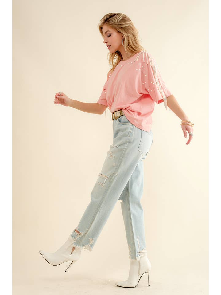 Blue B - Wholesale T-Shirt - Women's - 22610T - Pearl Fringe Shoulder T Shirt