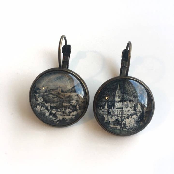 1954 Lourdes, France - French Postage Stamp - Postage Stamp Jewelry - Vintage Postage Stamp Earrings - Antique Bronze Finish for wholesale by Postage Stamp Jewelry