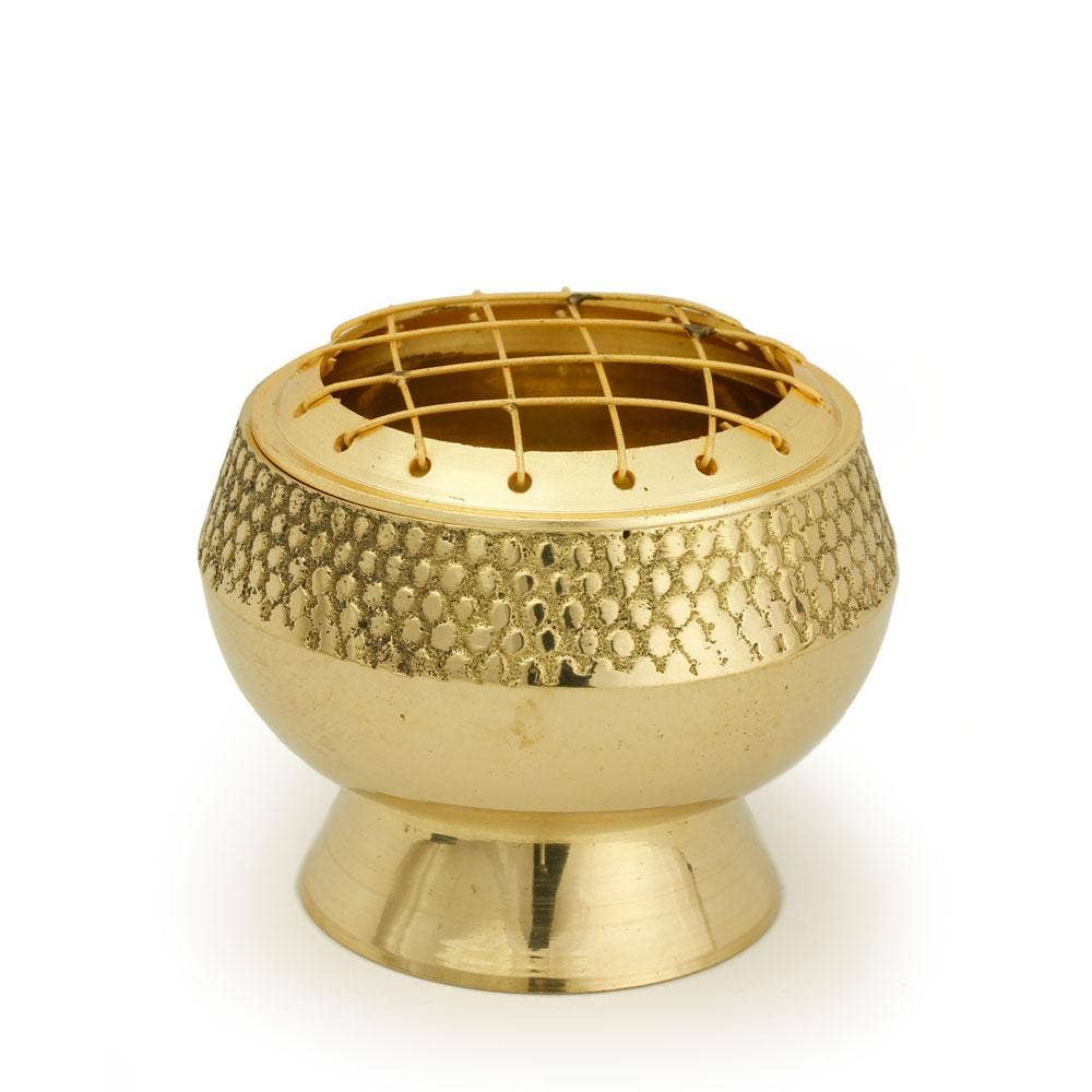 Prabhuji's Gifts - Wholesale Incense Holder - Burner - Embossed Brass Burner, Medium Base, Net Top 2.25"Hx2.5"D3