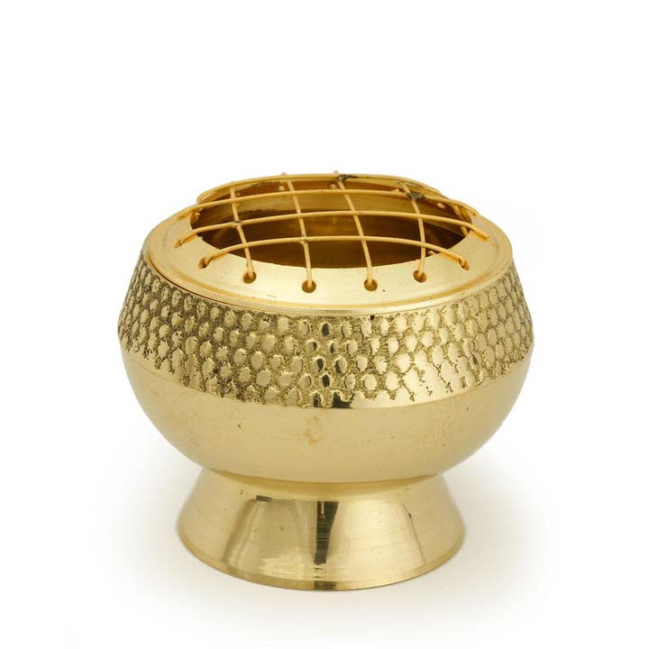 Prabhuji's Gifts - Wholesale Incense Holder - Burner - Embossed Brass Burner, Medium Base, Net Top 2.25"Hx2.5"D3