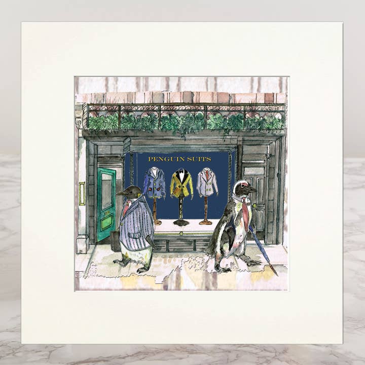 Penguins In The City Mounted Giclèe Print for wholesale by Claire Louise