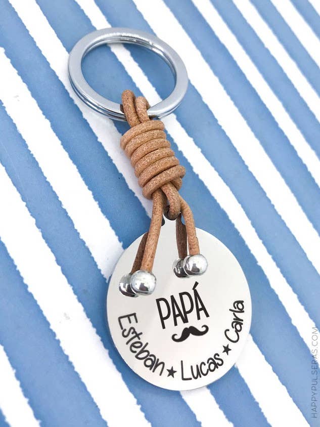 Gepersonaliseerde sleutelhanger voor papa van staal en leer, 35 mm, met inscriptie voor wholesale door Happypulseras