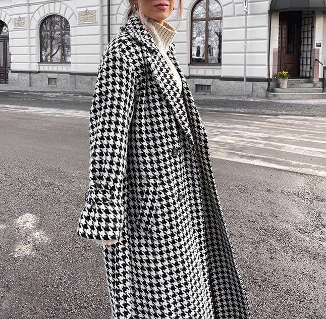 Black and white houndstooth long trench coat for wholesale on Faire1