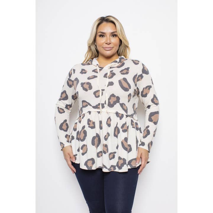 TOP IN MAGLIA A MANICHE LUNGHE CON CAPPUCCIO E STAMPA PLUS SIZE per la vendita all'ingrosso da parte di Curve Market