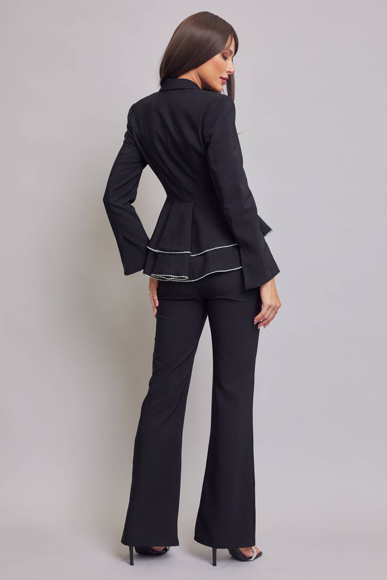 Black Woven Double Breasted Blazer with Ruffle Peplum & Pants Set for wholesale on Faire3