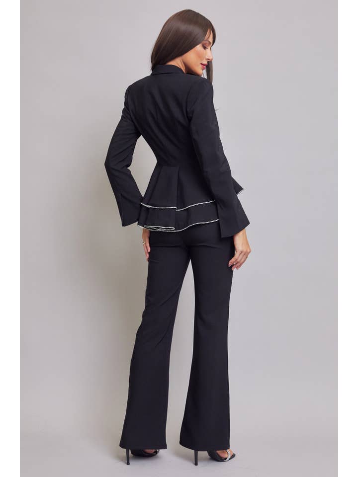 Black Woven Double Breasted Blazer with Ruffle Peplum & Pants Set for wholesale on Faire3