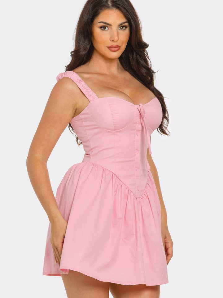 Julia by LoveJ - Wholesale Dress - Women's - Spaghetti Tie Fake Button Inside Lining Mini Dress