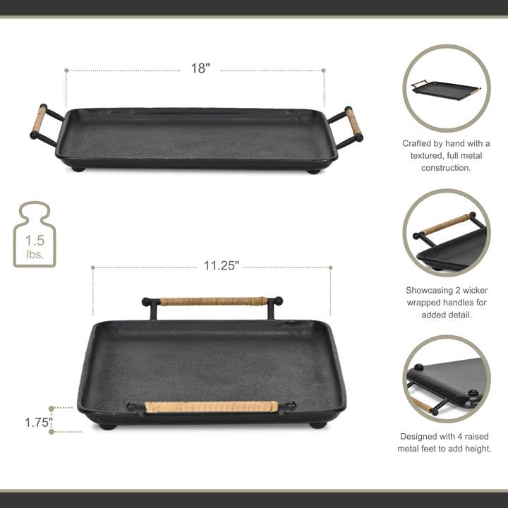 Cheungs Home Decor - Wholesale Decorative Tray - Syla Black Metal Tray with Wicker Wrapped Handles2