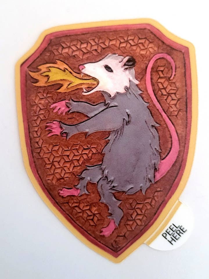 Fire-Breathing Oppossum Vinyl Art Sticker for wholesale by Wyrd & Witchy Art