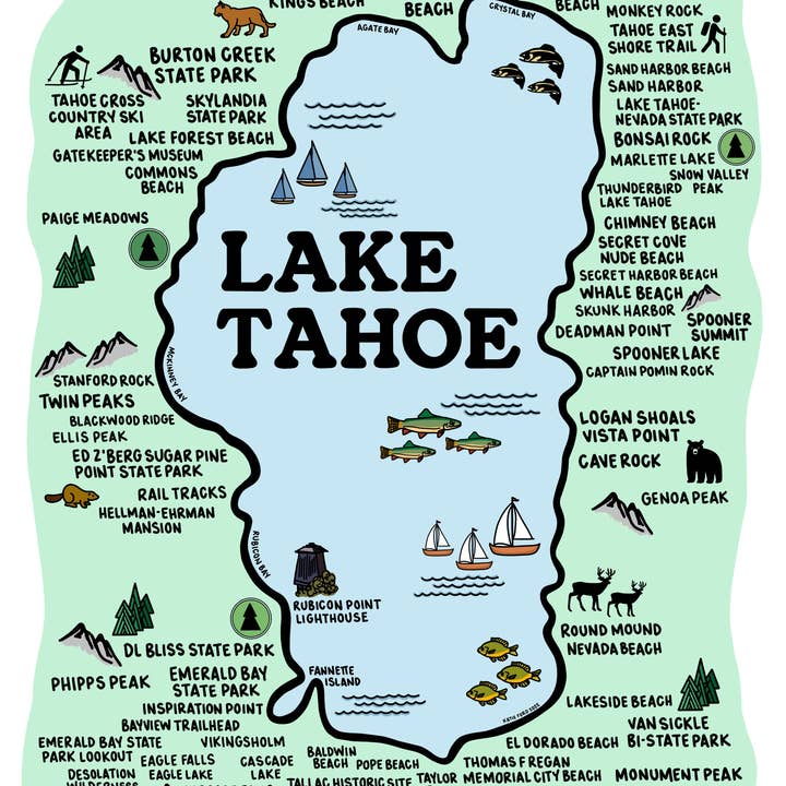Impresión artística del mapa del lago Tahoe en color para venta al por mayor de Whereabouts Shop