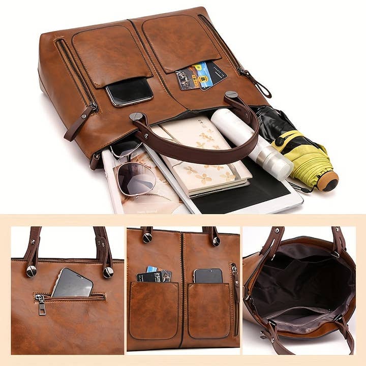 CandBBaby - Wholesale Tote Bag - Women's - Retro Brown Multiple Compartments Tote Bag for Women - Adjustable Strap, Zipper Closure, Small Crossbody & Shoulder Handbag, Vintage
