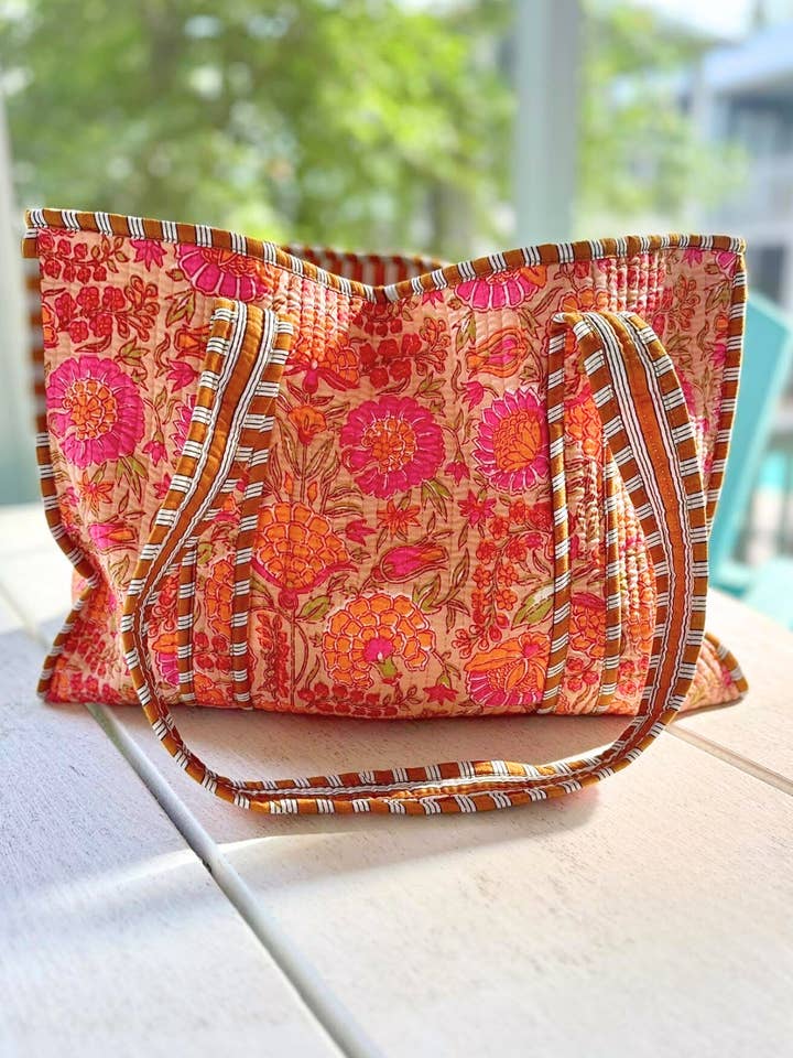 Rue Orange Floral Patterned Tote Bag for wholesale by Nash Grey