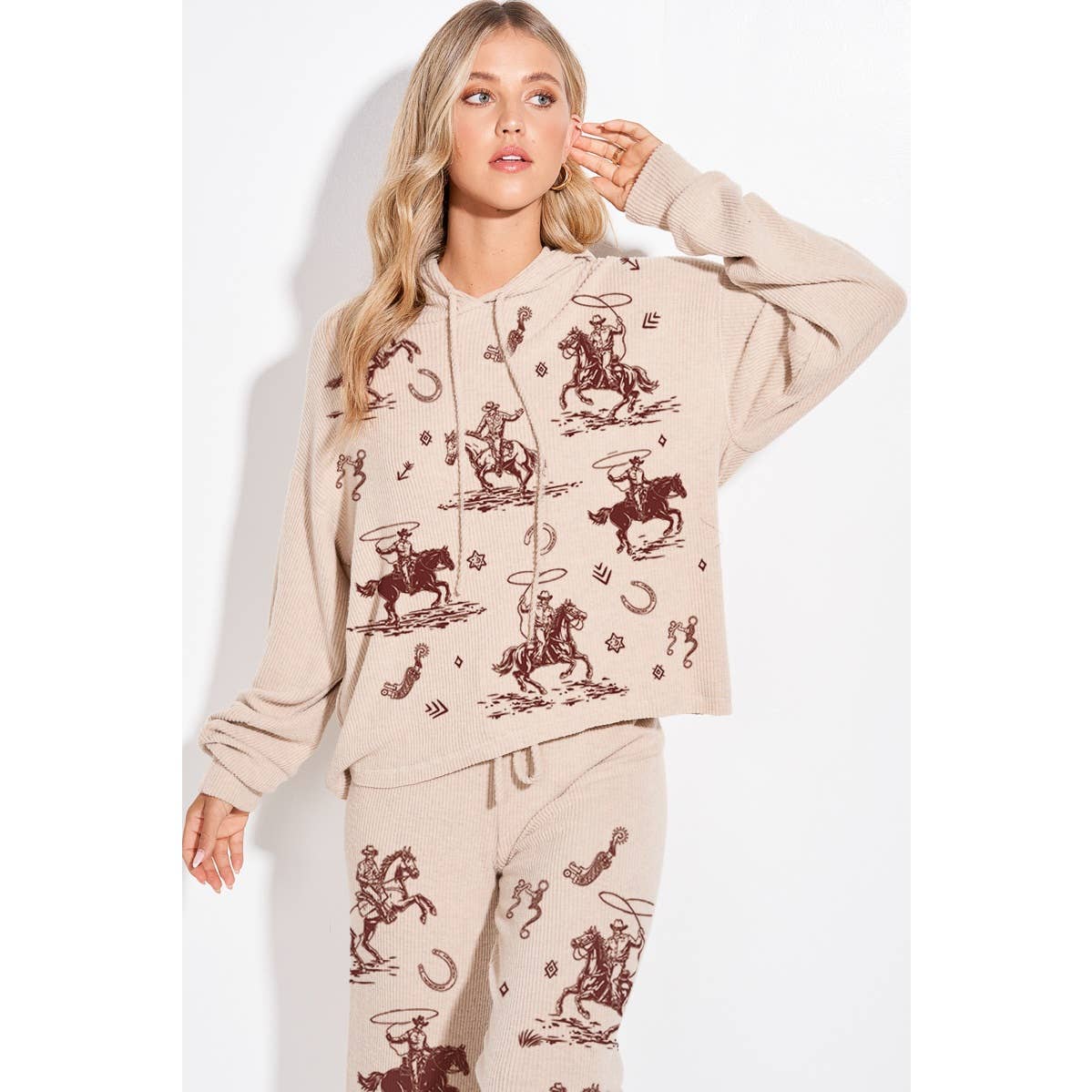 Phil Love - Venta al por mayor Conjunto de ropa cómoda - Mujer - Conjunto de ropa de salón con capucha y estampado de canalé Desert Cowgirl 17