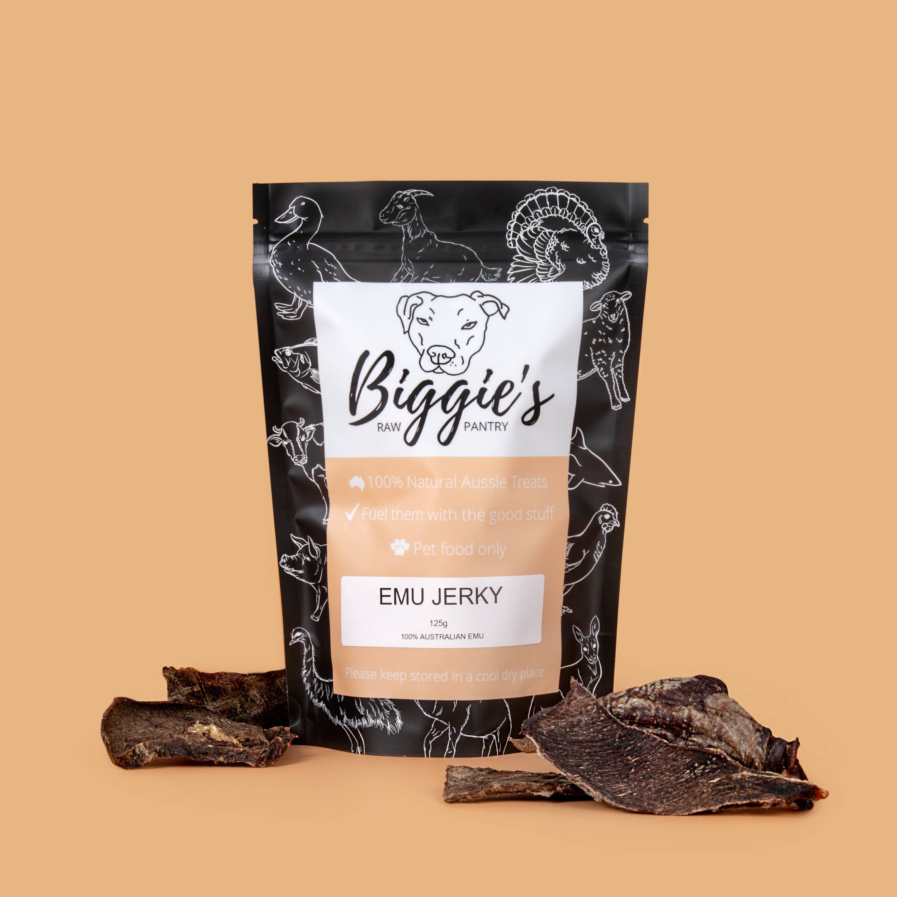 Biggie's Raw Pantry - Wholesale Pet Treats - Dog - Emu Jerky (125g)0