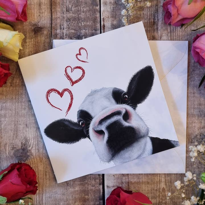 Biglietto di auguri ideale per San Valentino, 'I Love Moo' per la vendita all'ingrosso da parte di Lucy's Farm
