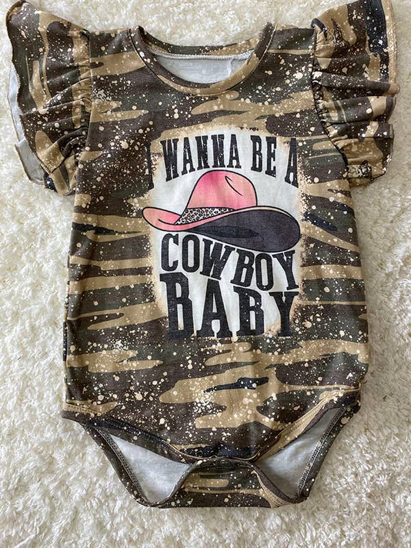 "I WANNA BE A COWBOY BABY" green camo baby onesie DLH1224-08 for wholesale by luluclothes