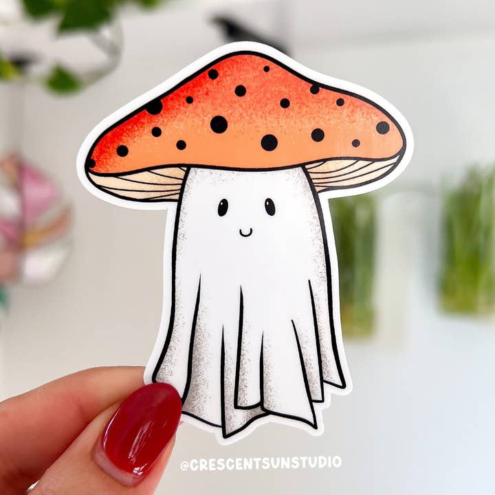 Ghost Mushroom Sticker, Spooky Cute Vinyl Sticker
for wholesale by Crescent Sun Studio