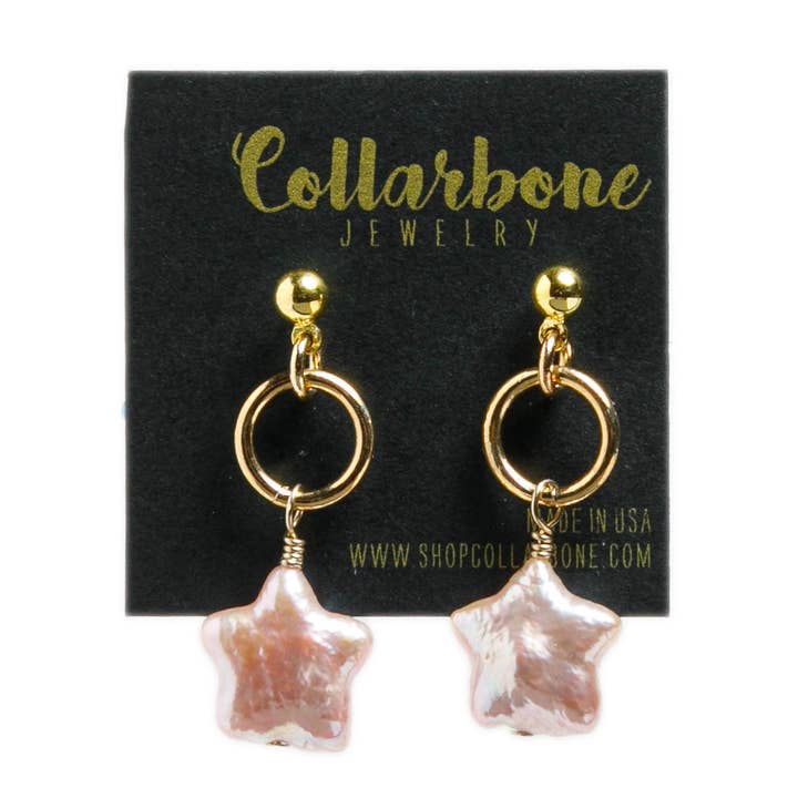 Anillo con forma de estrella de perlas rosadas y pendientes de oro para venta al por mayor de Collarbone Jewelry