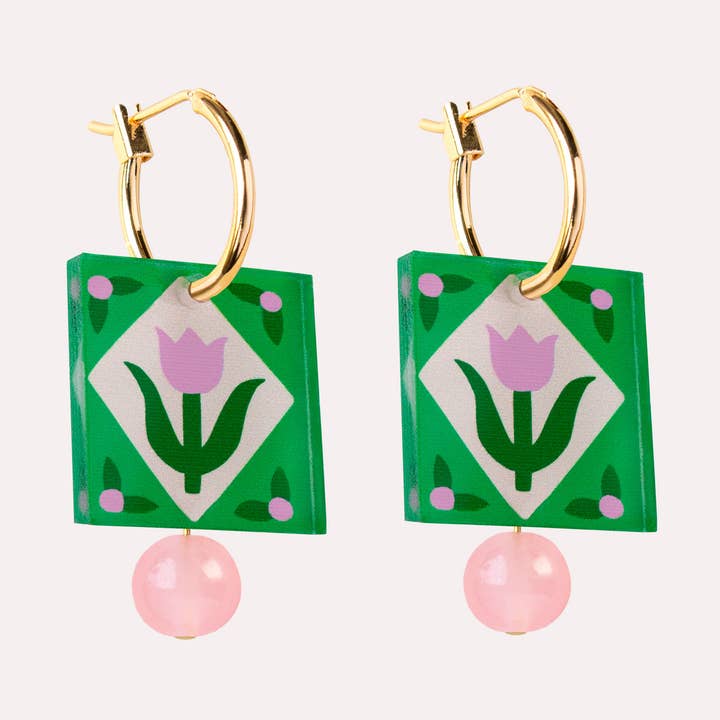 Hoop Earrings | Green Folk Floral Square Charm | Jewellery for wholesale by Natalie Lea Owen – Handmade Jewellery & Greeting Cards