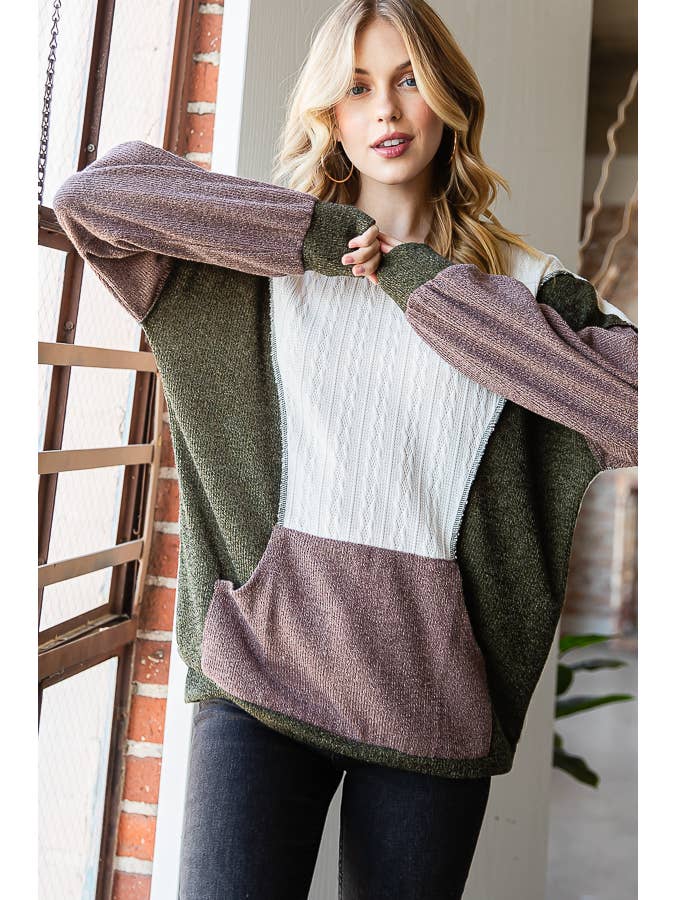 7th Ray - Wholesale Sweatshirt - Women's - Color Block Front Pocket Drop Shoulder Banded Hem Top T5348