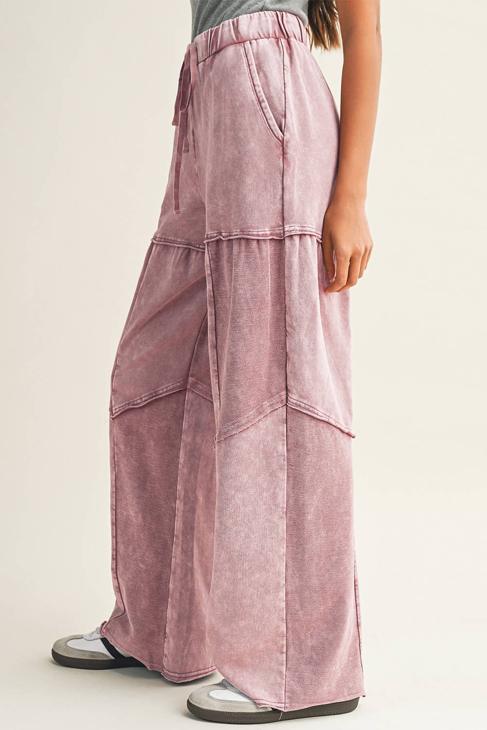 Little Daisy Closet - Wholesale Pants - Women's -  LDC Mineral Wash Tiered Wide Leg Patchwork Drawstring Pants5