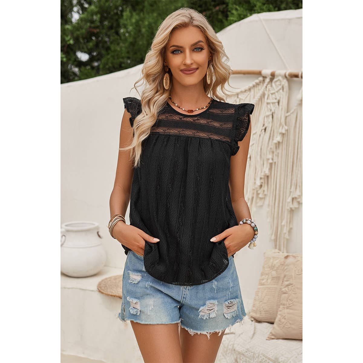 WHITE Mock Neck Crewneck Ruffle Sleeve Solid Slim Top for wholesale on Faire7