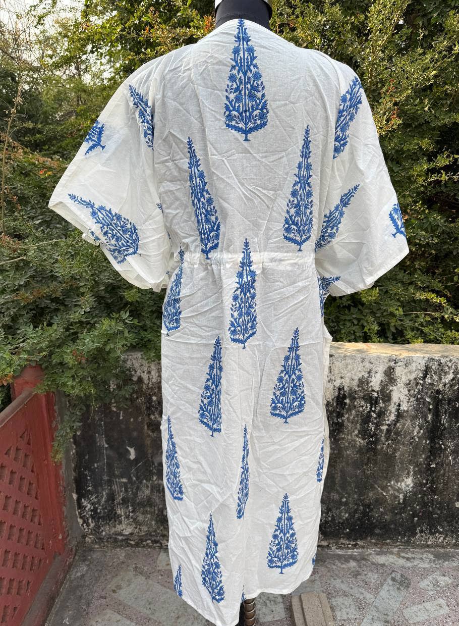 bhavnas boutique - Wholesale Kaftan - Women's - White Cotton Maxi Dress Block Print Women Long Kaftan Dress4