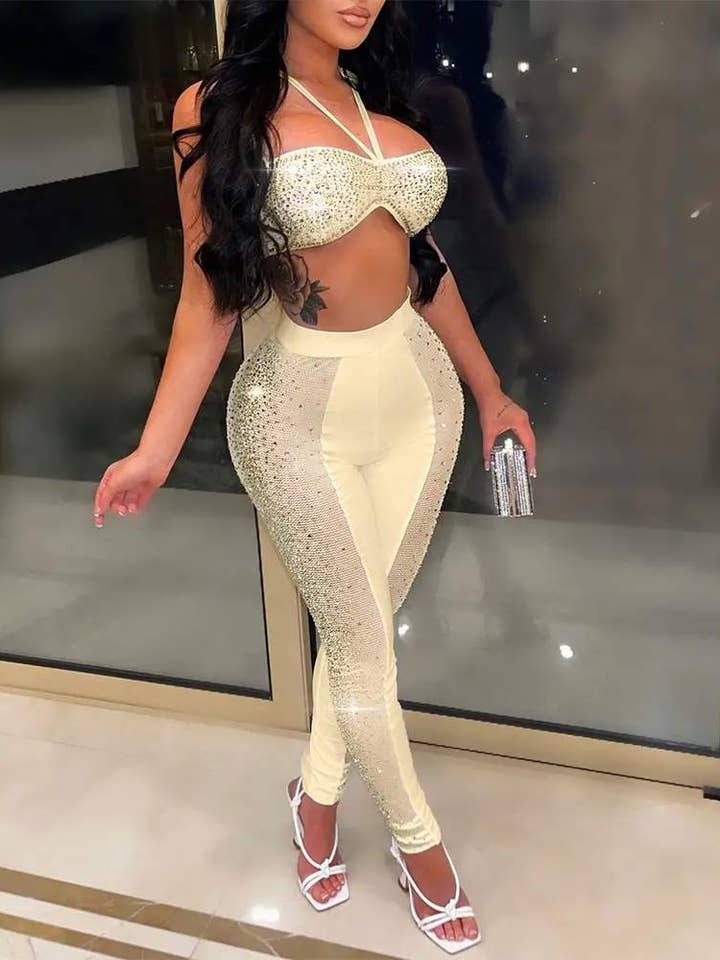 Fashion Combination - Wholesale Top & skirt set – Women's - decor crop top high waist sheer mesh pants set5