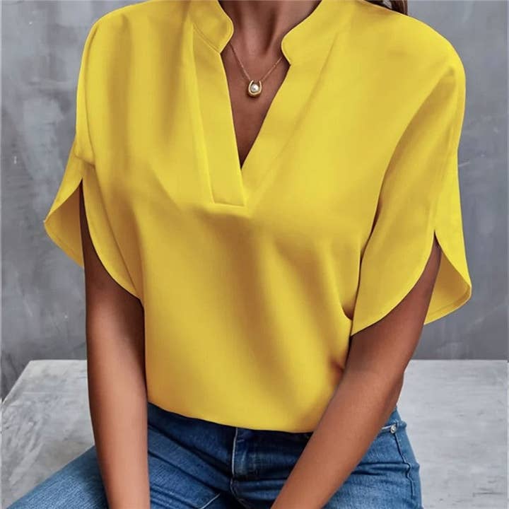 UZ Wholesale Store - Wholesale Blouse - Women's - Casual Solid Color V-Neck Short Sleeve T-Shirt