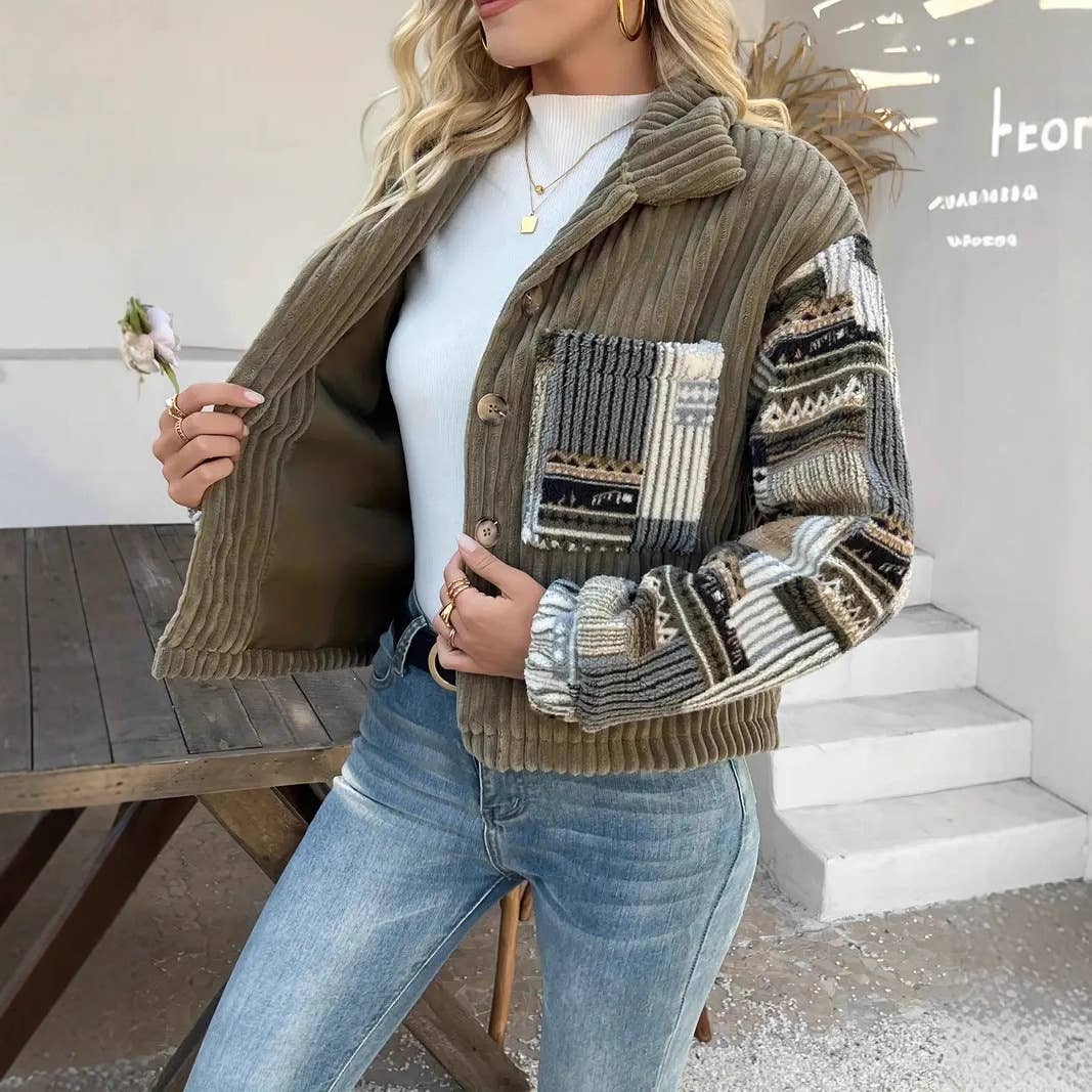 Olive Western Aztec patchwork fleece button-up jacket for wholesale on Faire10