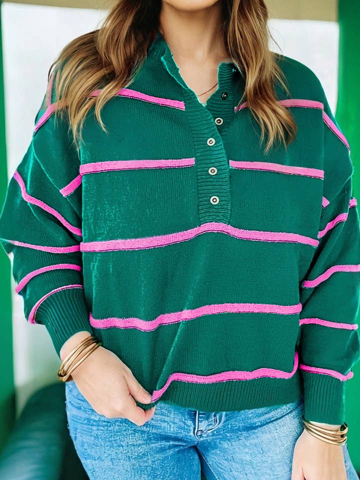 Plus Size Gestreepte Halve Knoop Trui met Verlaagde Schouders voor wholesale door PRETTY BASH