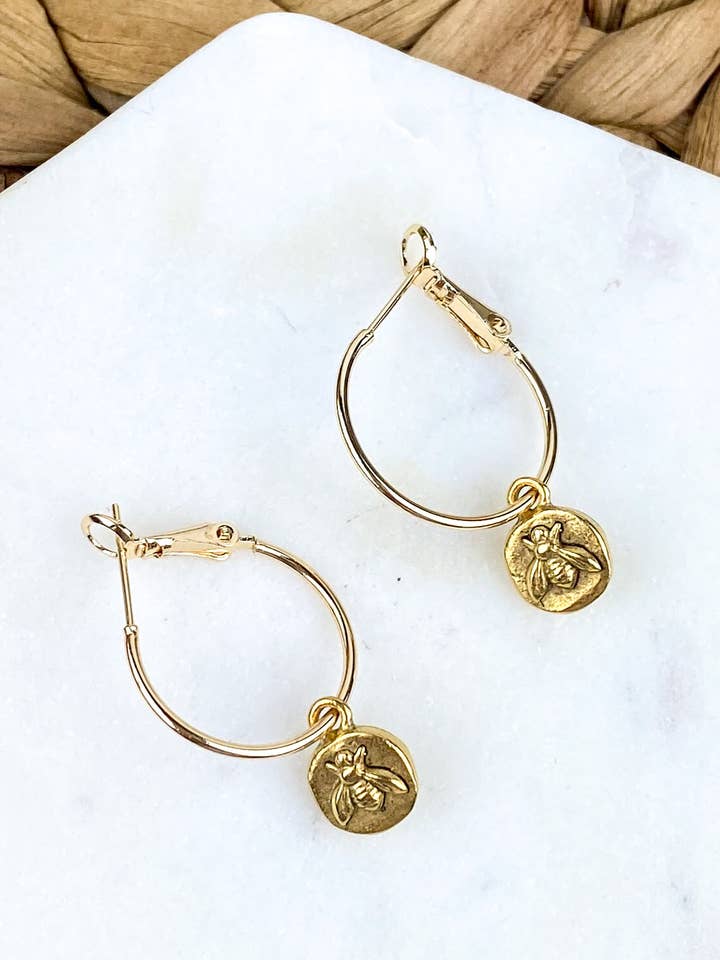 Mini Golden Bee Hoop Earring | Lightweight Nickel-free for wholesale by Light Shine