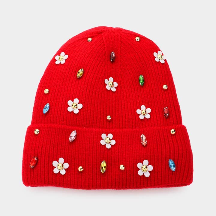 Wona Trading, Inc. - Wholesale Beanie - Women's - Fleece Lining Daisy Flower Stone Solid Knit Beanie Hat