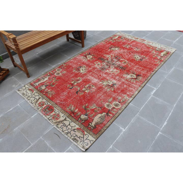 Vintage Rug, 4,3x8,3 ft Turkish Rug, Red Beige Moroccan Wool Rug for wholesale by The Loom Wholesale