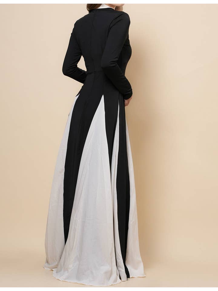 Black Ladies Elegant Color Block Godet Hem Maxi Dress SKD4886 for wholesale on Faire