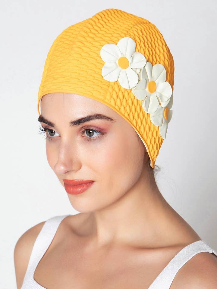 Orange Vintage 3 Flowers Swim Cap 451 for wholesale by KORES ACCESSORIES