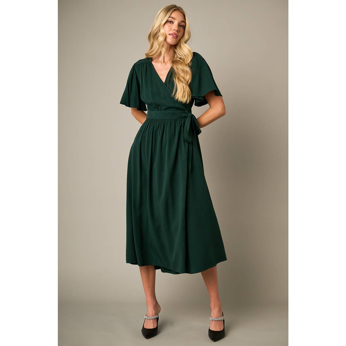 mittoshop - Wholesale Dress - Women's - FLUTTER SLEEVE WAIST TIE WRAP MIDI DRESS19