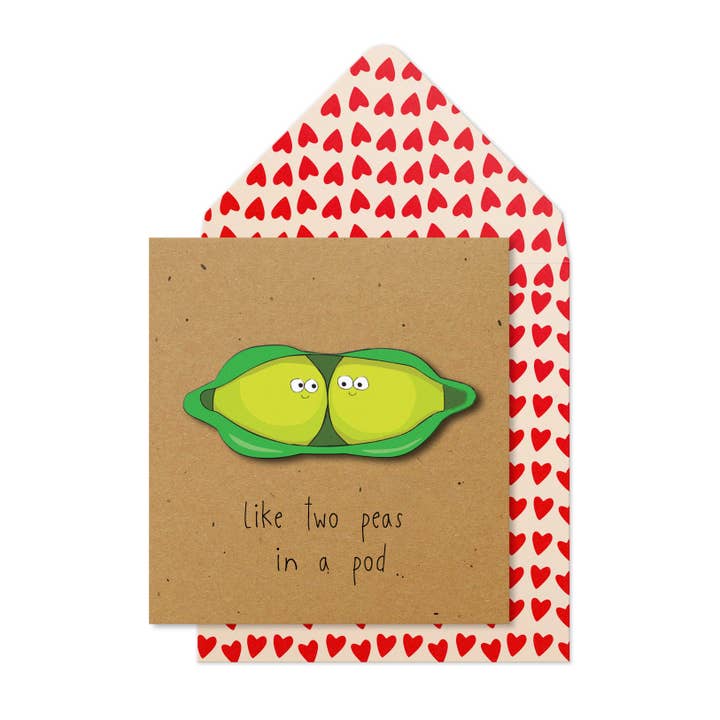 Due piselli in un baccello, biglietto d'auguri fatto a mano per l'anniversario per la vendita all'ingrosso da parte di Tache
