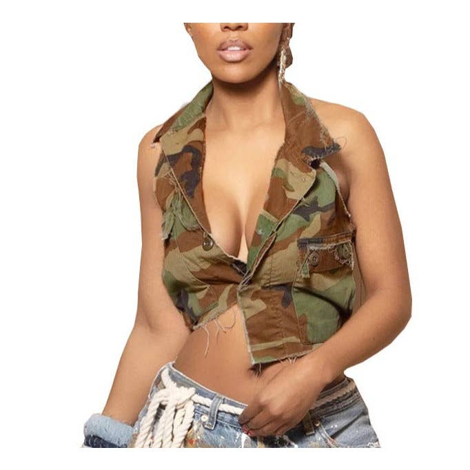 MB FASHION CAMO Cropped Sleeveless Vest with Tie Back 9185LY for wholesale on Faire