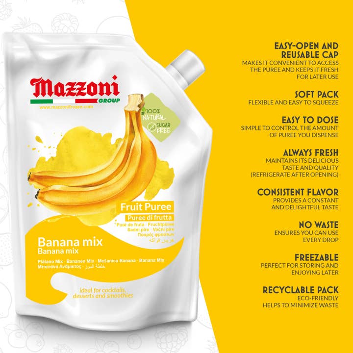Wholesale Italian Food - Wholesale Fruit Juice - Mazzoni, Banana Mix Puree, 100% Pure Banana Mix, Just Fruit, No Sugar Added, 2.2 lb