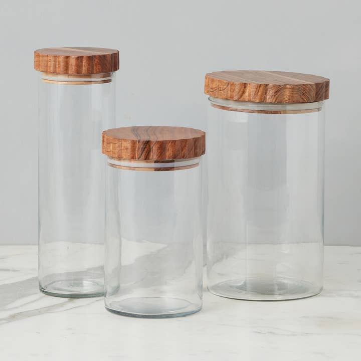 Glass Canister, Scalloped Wood Top, Small for wholesale by etúHOME