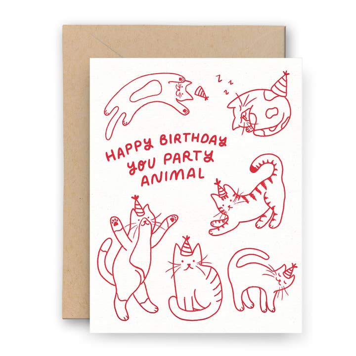 Happy Birthday Party Cats Letterpress Card for wholesale by Finch and Flourish Paper Goods