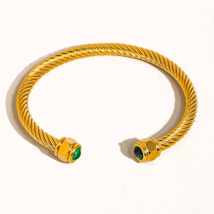 Green Vail 18K Gold Non-Tarnish Stone Braided Bangle for wholesale on Faire1