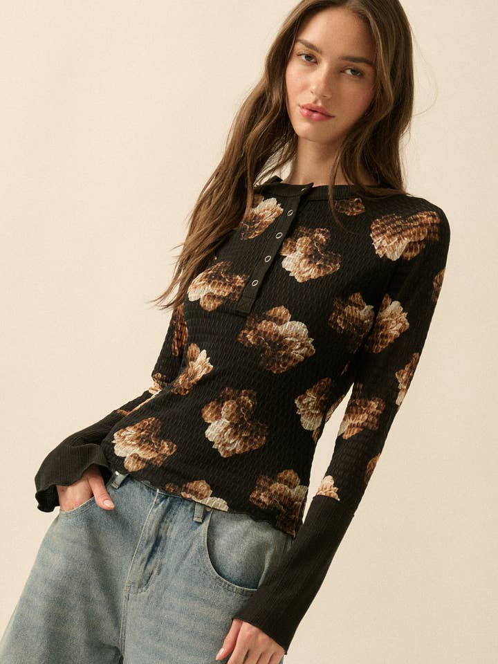 Floral Honeycomb Mesh Raglan-Sleeve Henley Top for wholesale by Promesa USA
